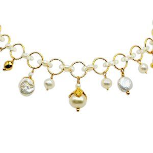 Gold 14K Necklace Pearl Charm Bead Collar Signed Miguel Ases Gold Filled 16"